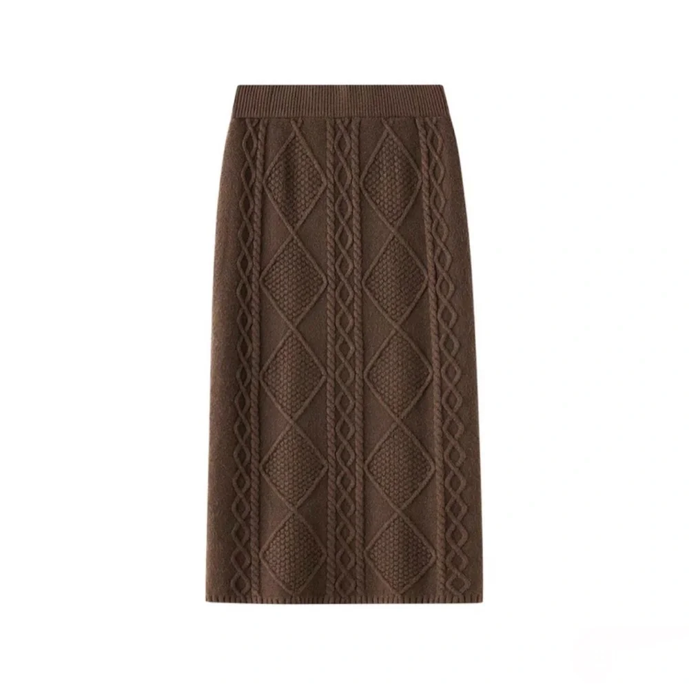 NEW Brown Cable Knit Stretchy Bodycon Midi Sweater Skirt